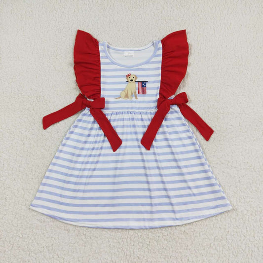 GSD0845 Dog Flag Embroidery Stripes Baby Girls 4th of July Flutter Sleeve Dress