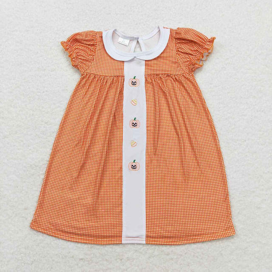 GSD1337 Pumpkin Candy Embroidery Checkered Girls Halloween Knee Length Dress