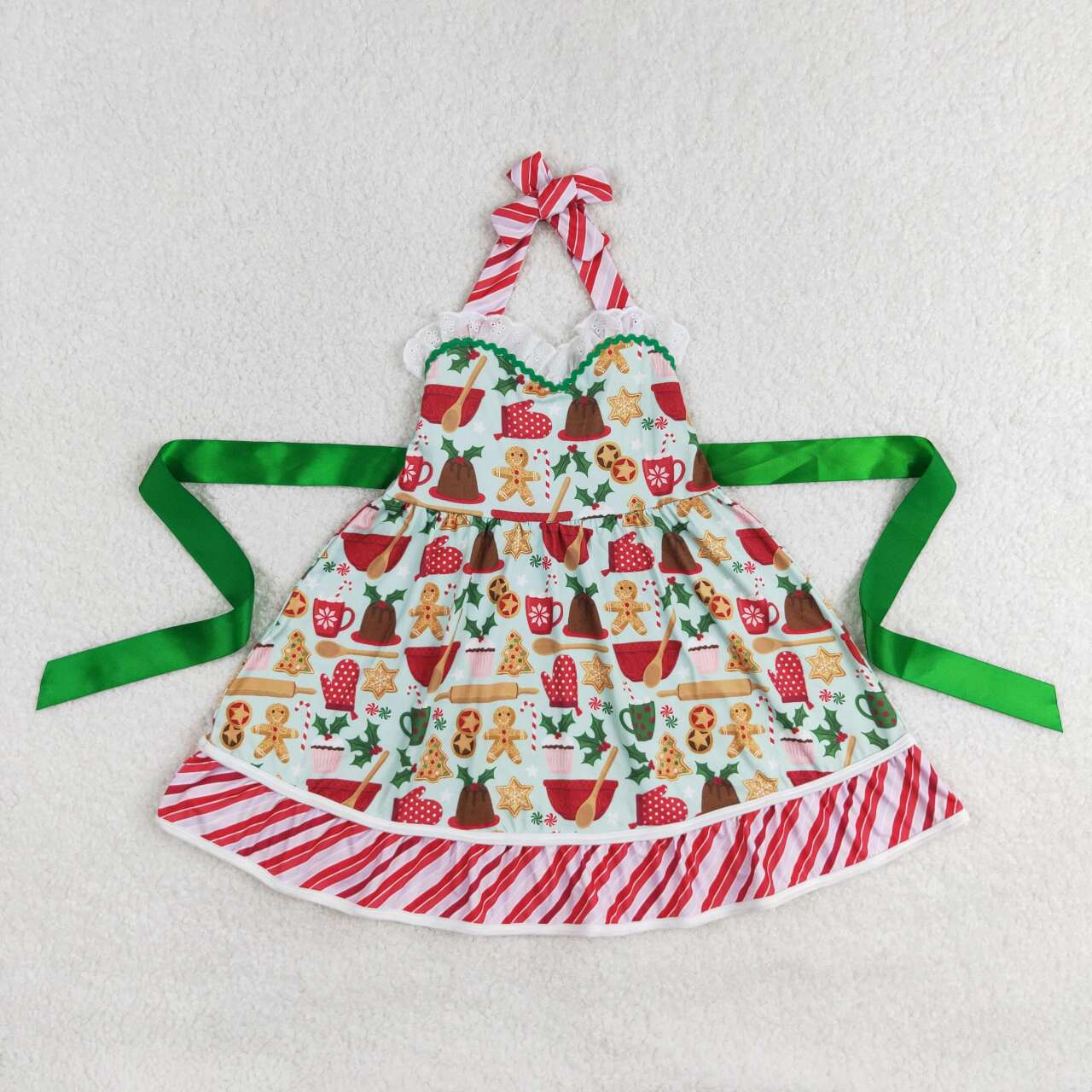 GSD1344 Gingerbread Holly Print Girls Christmas Knee Length Halter Dress