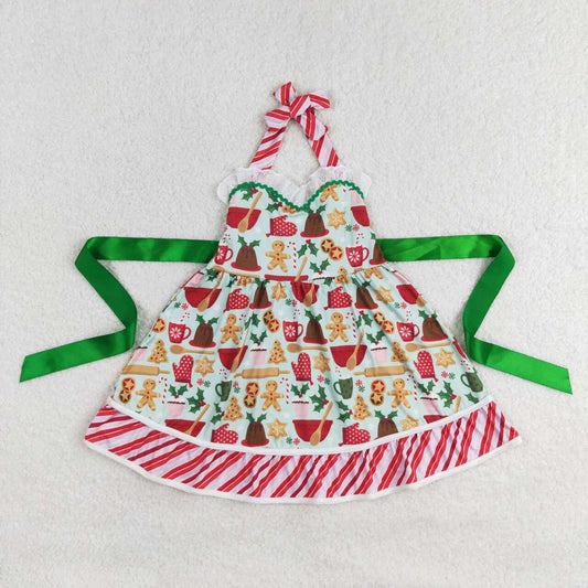 GSD1344 Gingerbread Holly Print Girls Christmas Knee Length Halter Dress