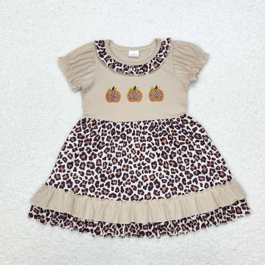 GSD1347 Pumpkin Embroidery Leopard Girls Ruffle Knee Length Dress