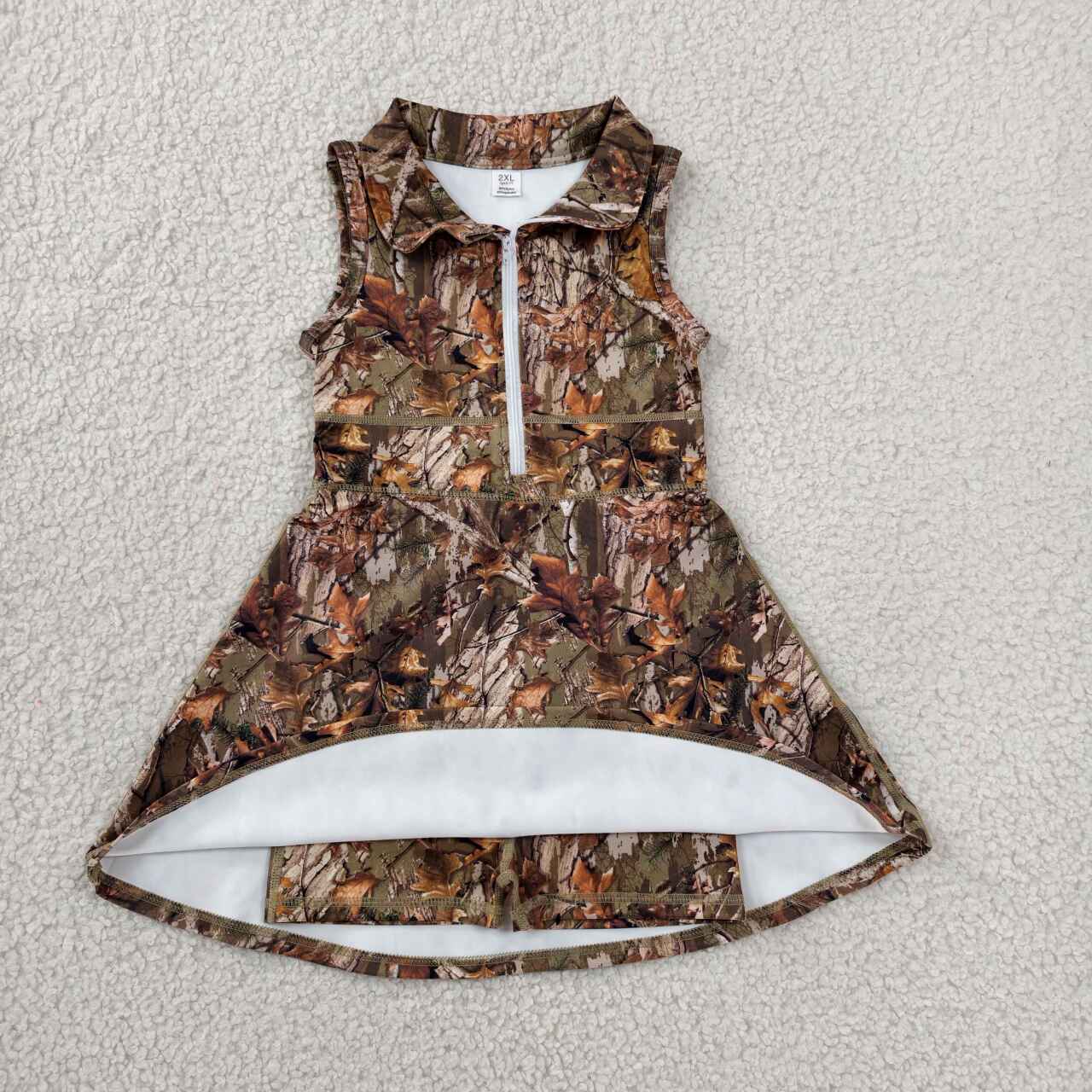 GSD1384 Camo Branch Print Girls Sleeveless Zipper Shorts Knee Length Yoga Dress