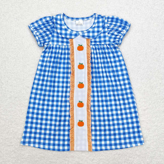 GSD1412 Pumpkin Embroidery Blue Checkered Girls Ruffle Knee Length Doll Collar Dress