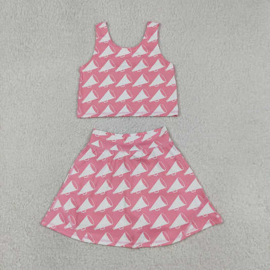 Girls Pink Megaphone Cheer Active Outfit - Crop Top & Skort Set