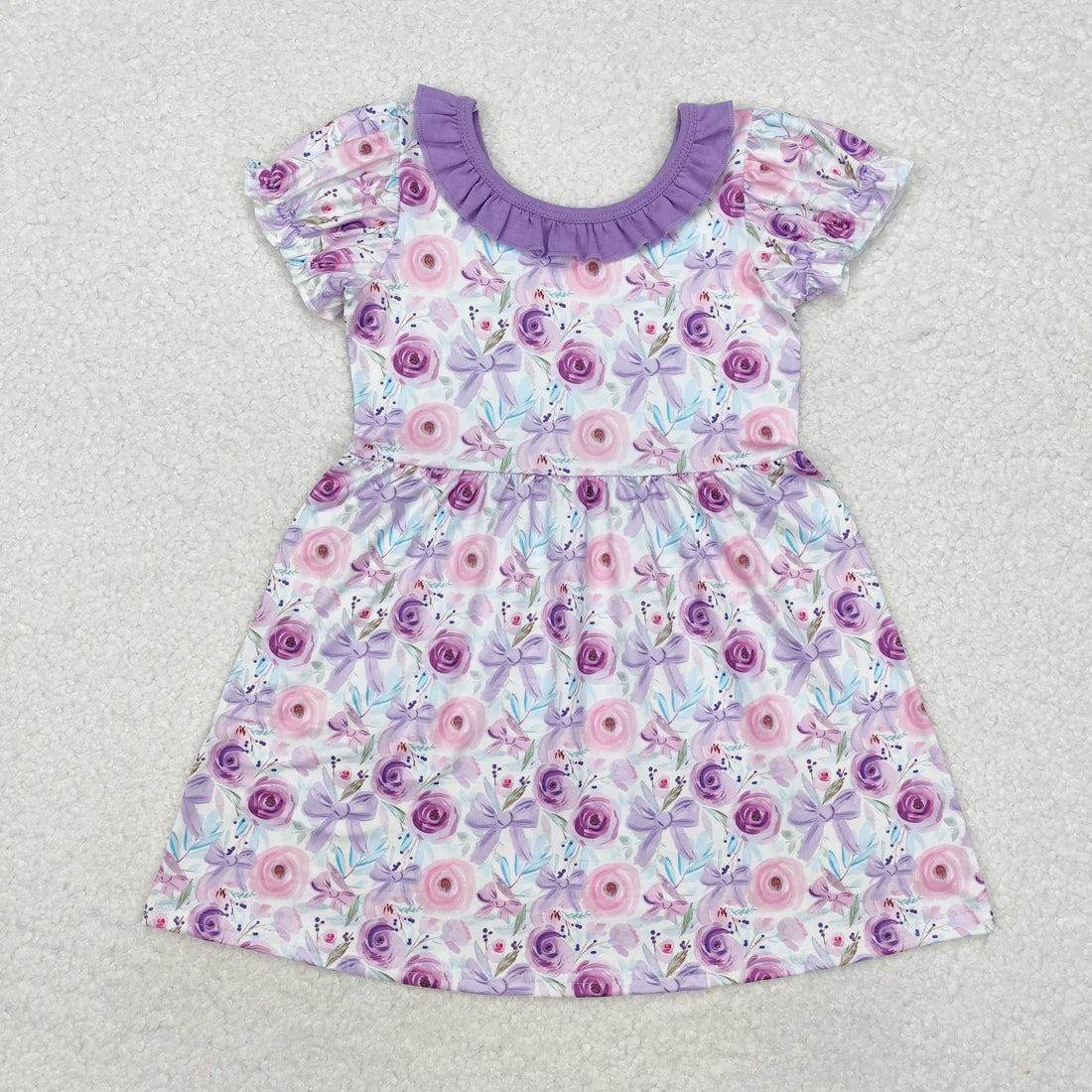 Sibling Baby Girls Flowers Plaid Short Ruffle Sleeve Knee Length Dresses