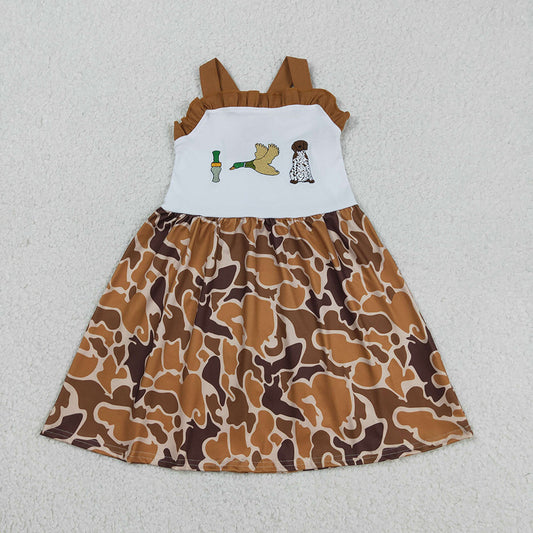 GSD1518 Duck Dog Embroidery Brown Camo Print Girls Summer Knee Length Dress