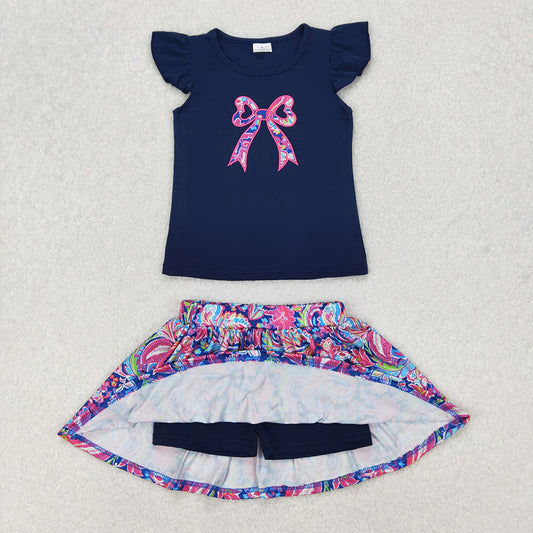 Sibling Embroidery Baby Girls Navy Bow Shirts Shorts Skirt Outfit