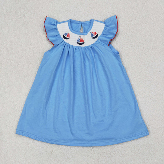 GSD1818 Flag Sailboat Embroidery Blue Cotton Girls 4th of July Smocked Dress