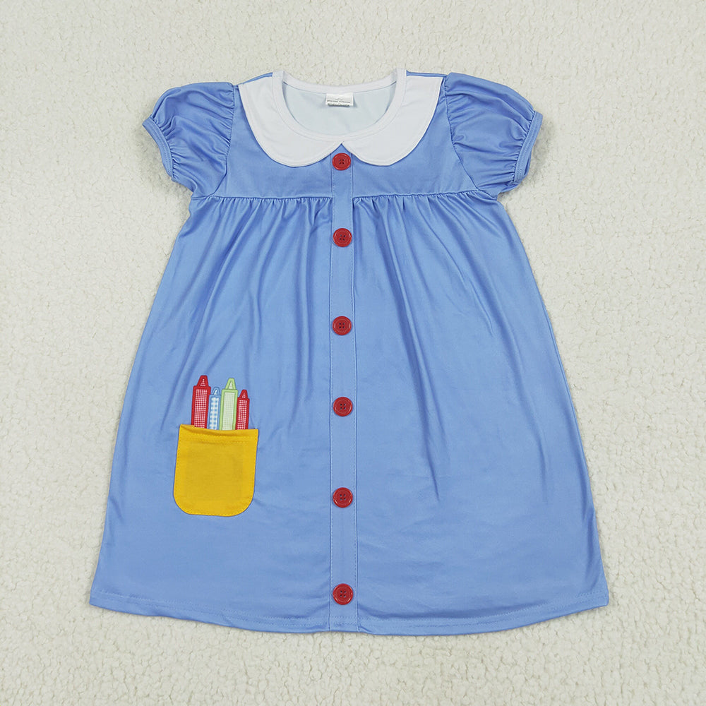 GSD1821 Pen Blue Doll Collar Button Girls Back to School Dress