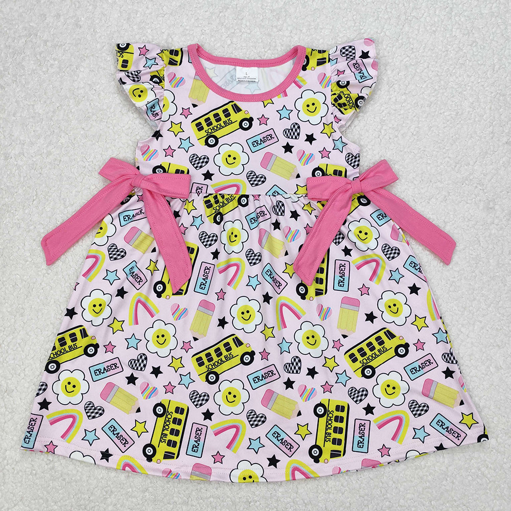 GSD1822 Smiling Flowers Pen Bows Girls Back to School Dress