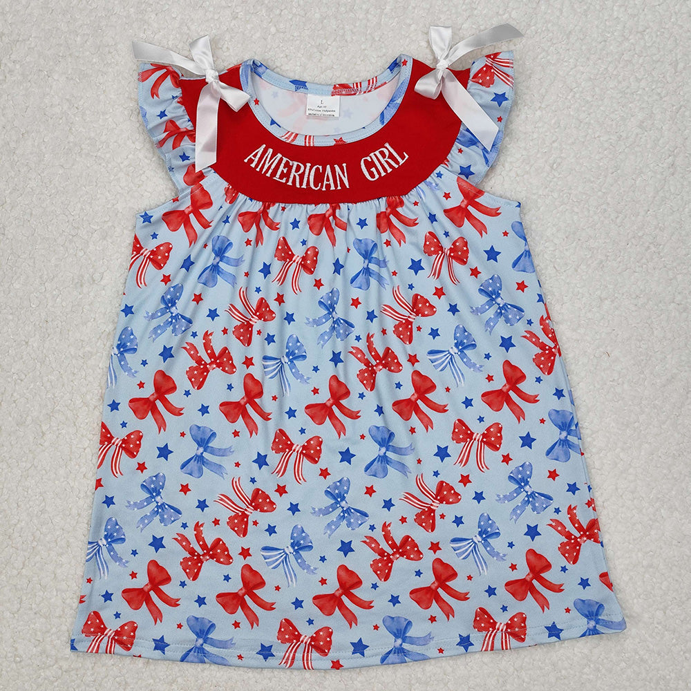GSD1827 AMERICAN GIRL Embroidery Stars Bows Girls 4th of July Knee Length Dress