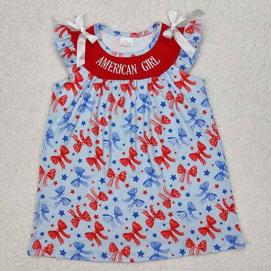 GSD1827 AMERICAN GIRL Embroidery Stars Bows Girls 4th of July Knee Length Dress
