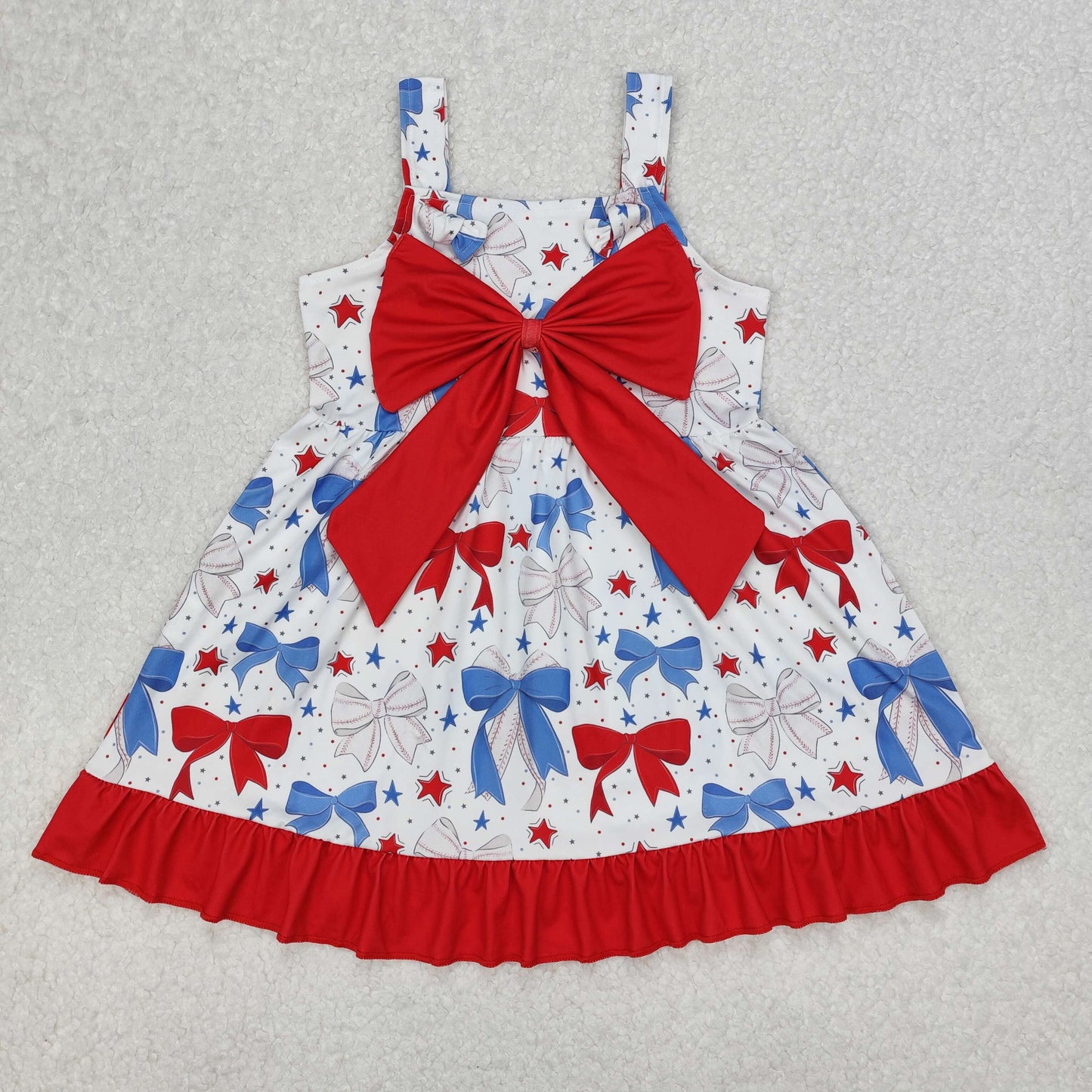 Sibling Baby Girls Strap Bows Cows 4th of July Western Ruffle Knee Length Dresses