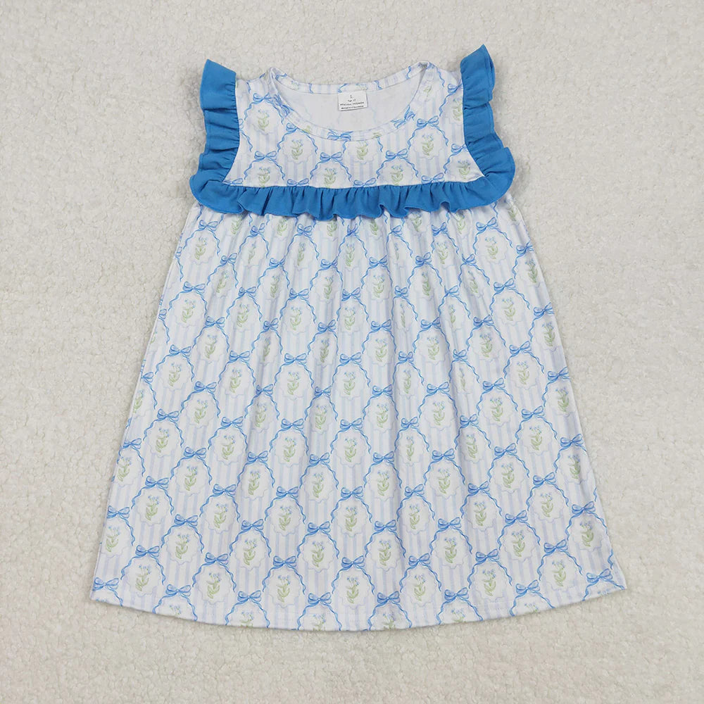 Sibling Baby Girls Blue Bows Flowers Rompers Dresses Clothes Sets