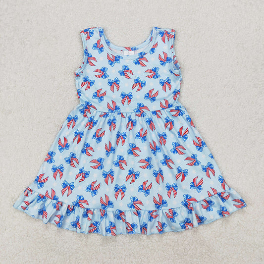 GSD1965 Stars Bows Print Girls 4th of July Knee Length Sleeveless Dress