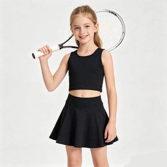Girls  Black Tank & Skort Set - Kids Solid Color Active Outfit