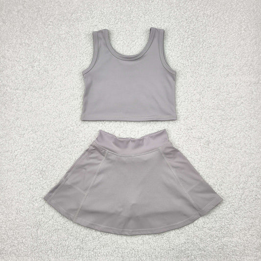 Girls Mint Grey Tank & Skort Set - Kids Solid Color Active Outfit
