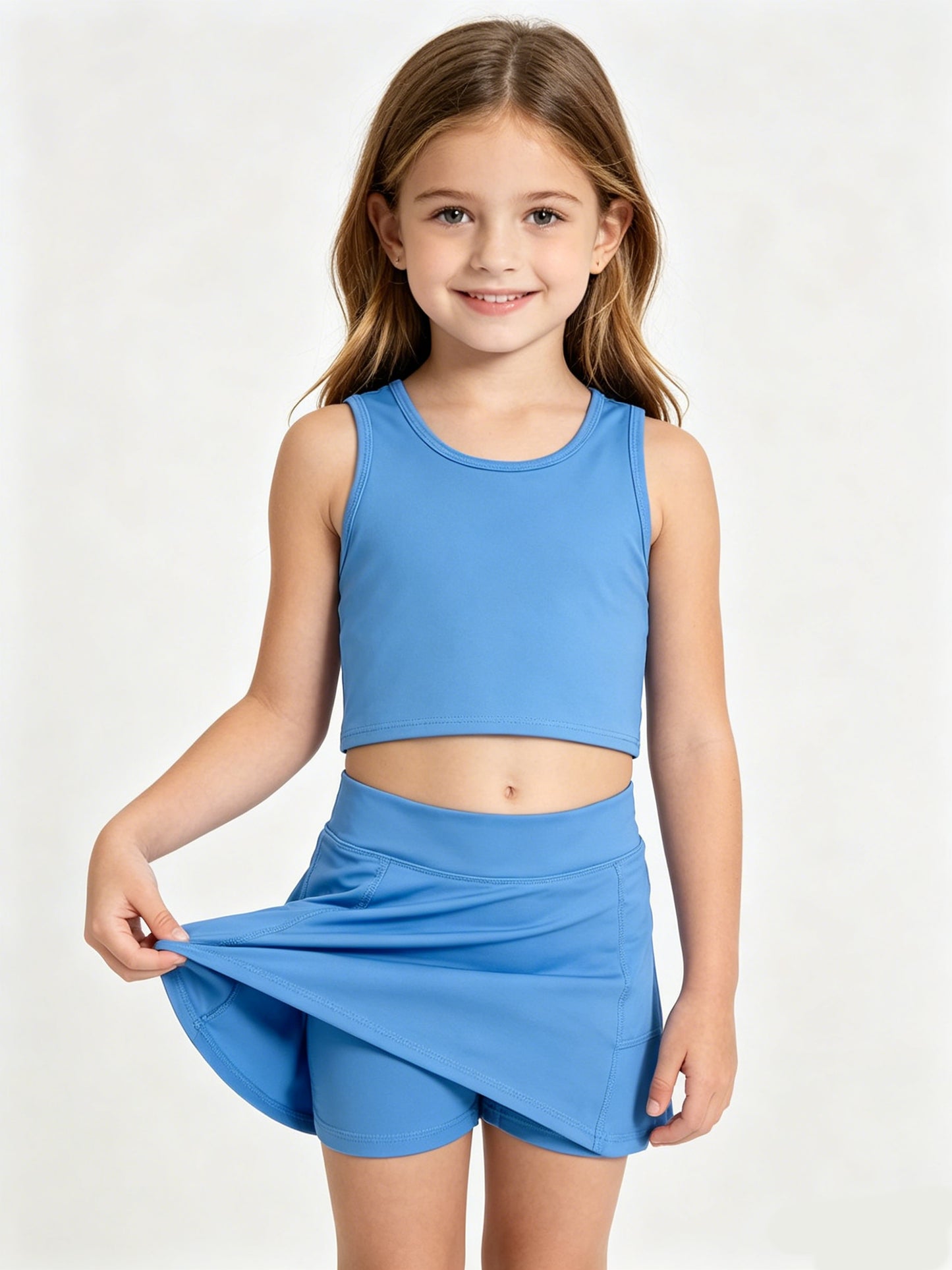 Girls Mint Blue Tank & Skort Set - Kids Solid Color Active Outfit