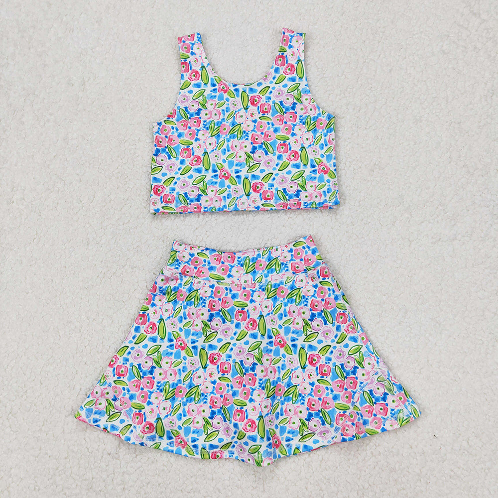 GSD1988 Small Pink Blue Flowers Tank Top Skirts Shorts Girls Yoga Clothes Set