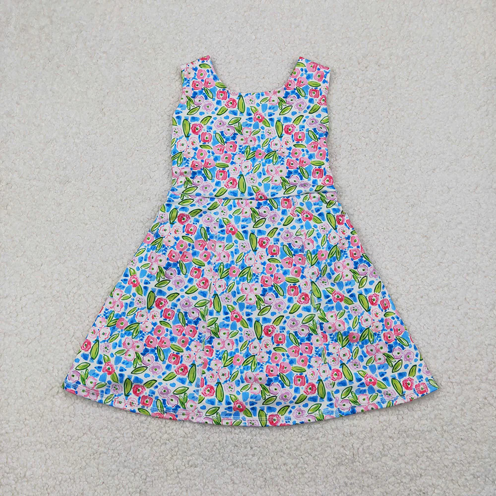 Baby Girls Blue Flowers Sleeveless Athletic Dresses