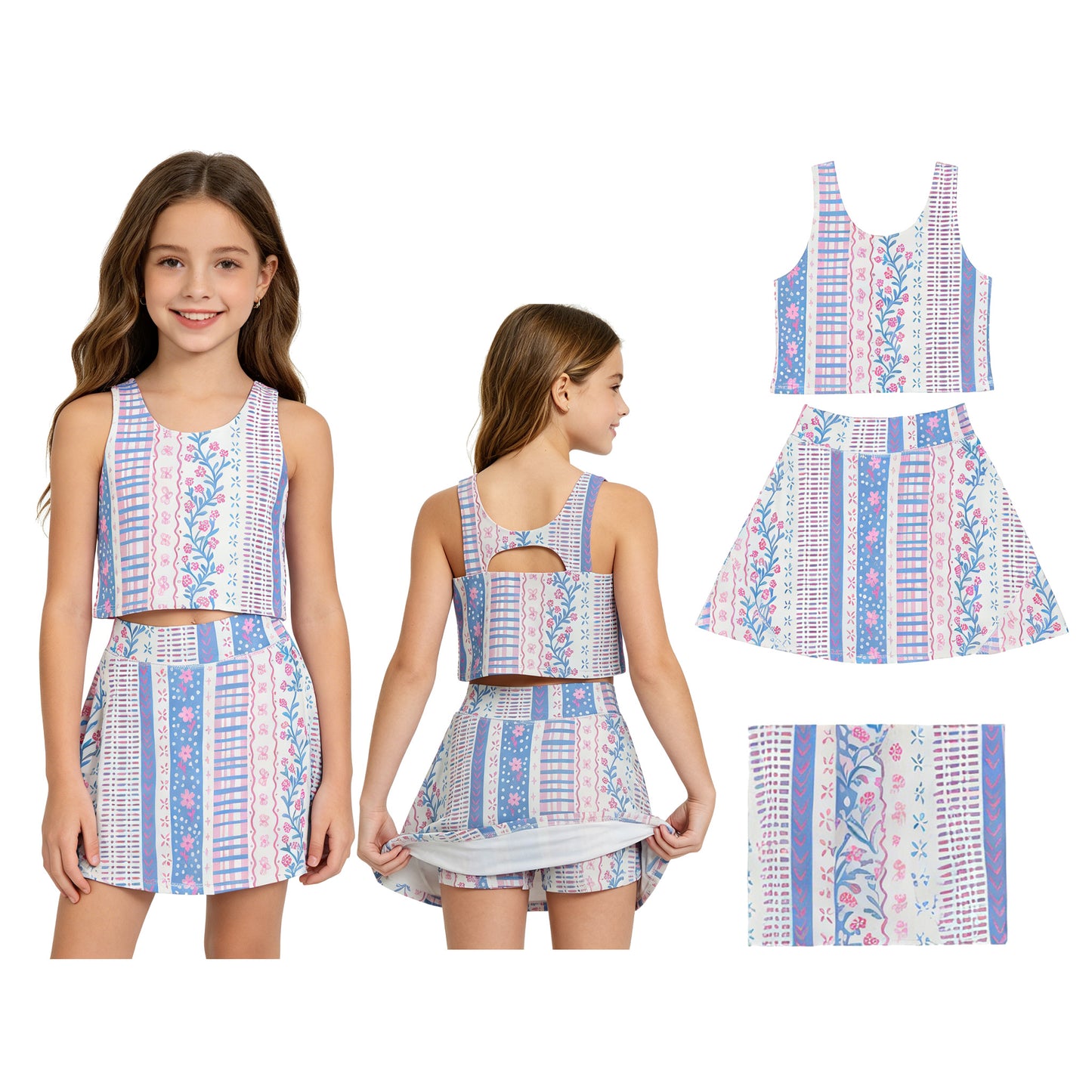 GSD1995 Small Flowers Tank Top Skort Girls Summer Yoga Clothes Set