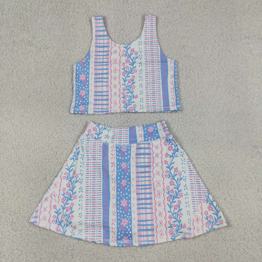 GSD1995 Small Flowers Tank Top Skort Girls Summer Yoga Clothes Set