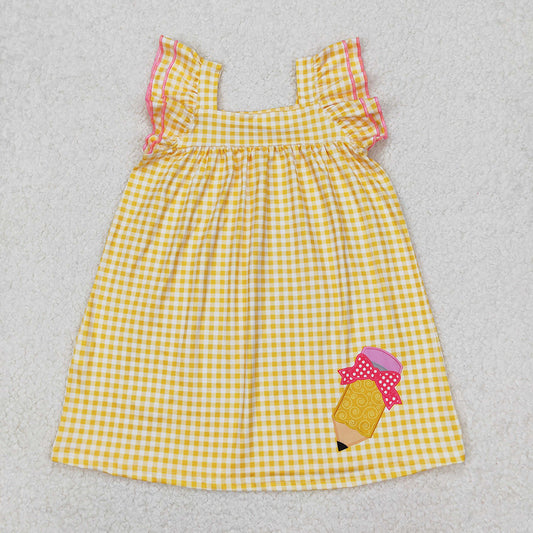 GSD2012 Pen Yellow Plaid Girls Flutter Sleeve Back to School Dress