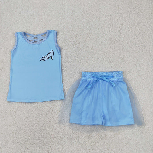 GSD2063  Crystal Shoes Blue Print Vest Top Tulle Skirts Shorts Girls Summer Cartoon Princess Clothes Set