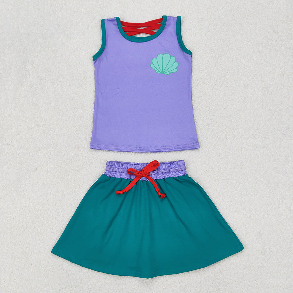 GSD2064  Shell Purple Print Vest Top Skirts Shorts Girls Summer Cartoon Princess Clothes Set