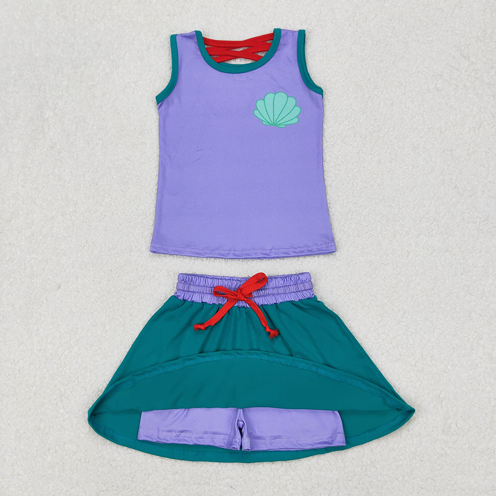 GSD2064  Shell Purple Print Vest Top Skirts Shorts Girls Summer Cartoon Princess Clothes Set