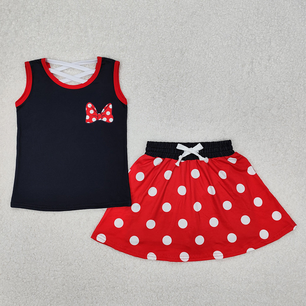GSD2069  Bow Black Print Vest Top Dots Skirts Shorts Girls Summer Cartoon Mouse Clothes Set