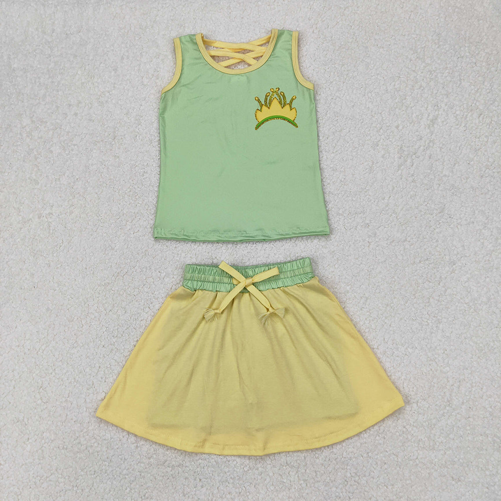 GSD2071  Crown Green Print Vest Top Yellow Skirts Shorts Girls Summer Cartoon Princess Clothes Set