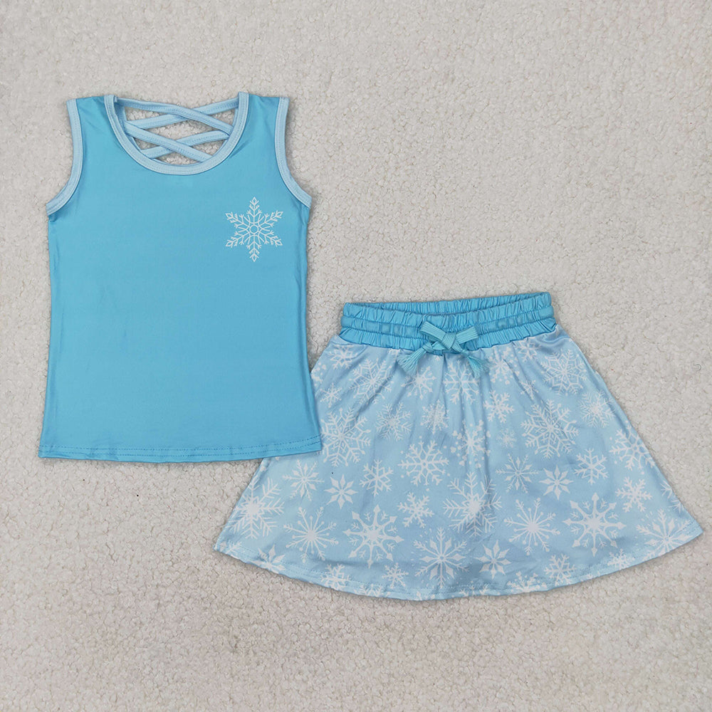 GSD2074  Snowflake Blue Print Vest Top Skirts Shorts Girls Summer Cartoon Princess Clothes Set