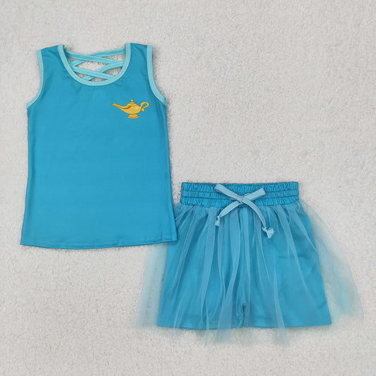GSD2076  Lamp Blue Print Vest Top Tulle Skirts Shorts Girls Summer Cartoon Princess Clothes Set