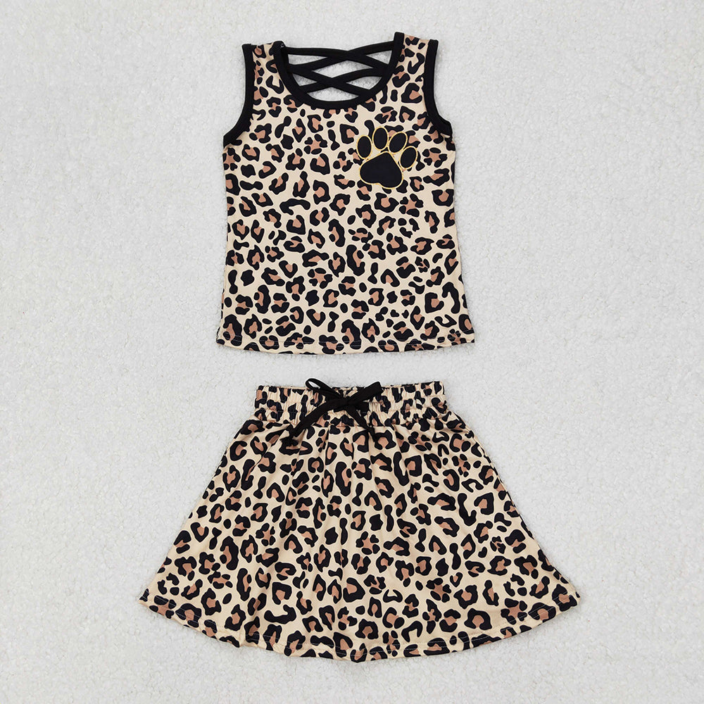 GSD2077  Paw Leopard Print Vest Top Skirts Shorts Girls Summer Clothes Set