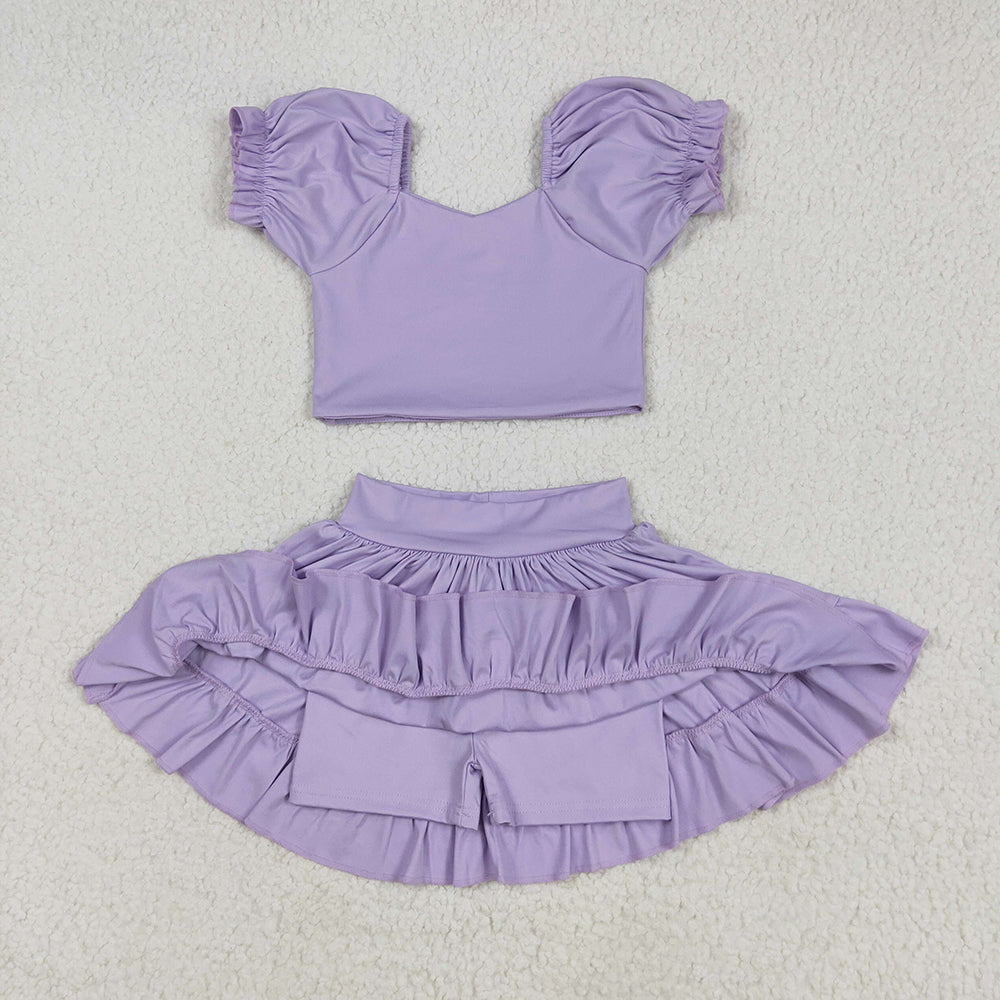 3 Colors Puff Sleeves Tank Top Ruffle Skort GirlsYoga Clothes Set Sisters Active Wear