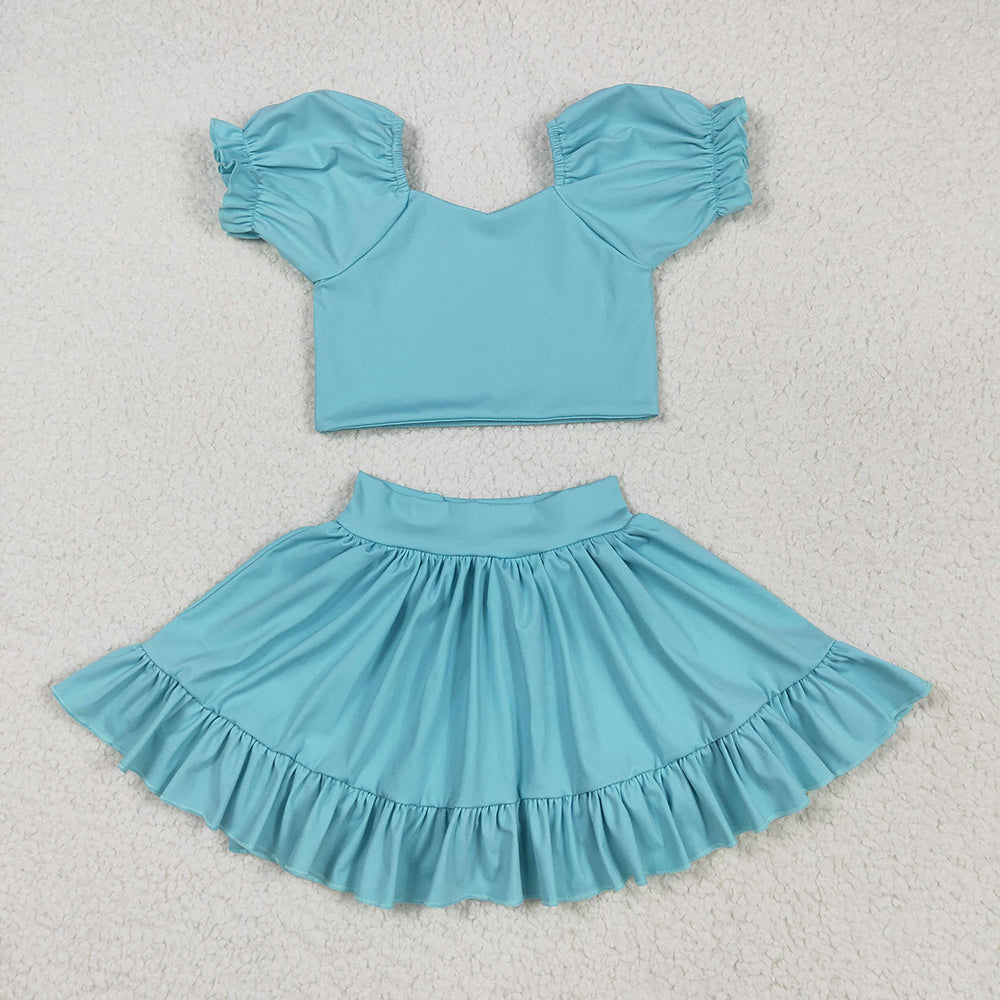 3 Colors Puff Sleeves Tank Top Ruffle Skort GirlsYoga Clothes Set Sisters Active Wear