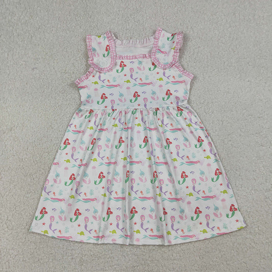 GSD2142 Mermaid Print Girls Ruffle Sleeveless Knee Length Dress