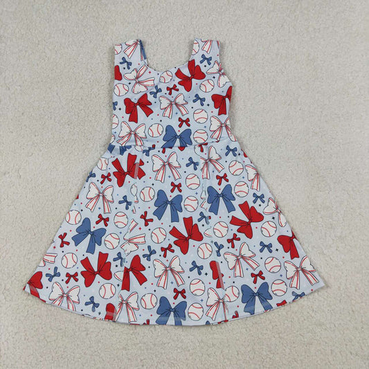 GSD2150 Girls Baseball Bows Print 4th of July Knee Length Yoga Dress