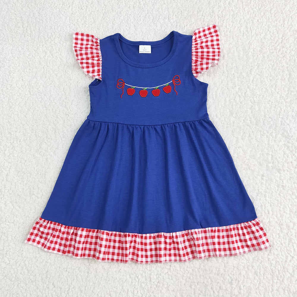 GSD2153 Apple Embroidery Red Plaid Blue Girls Back to School Dress