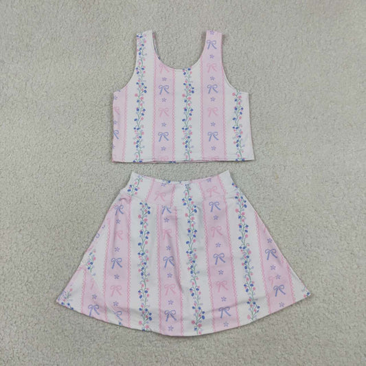 GSD2216 Pink Flowers Tank Top Skort Girls Summer Yoga Clothes Set