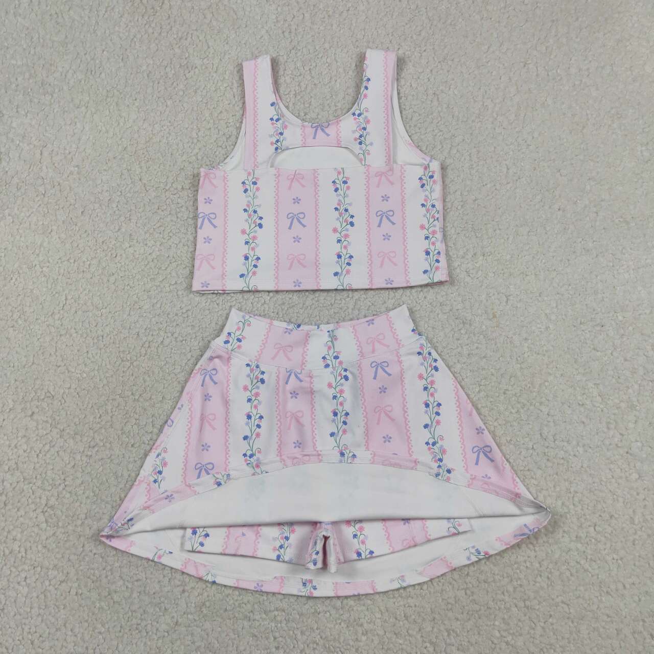 GSD2216 Pink Flowers Tank Top Skort Girls Summer Yoga Clothes Set