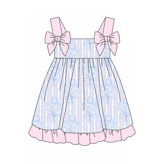 3.12 GSD2264 Preorder Flowers Bows Stripes Print Girls Strap Dresses