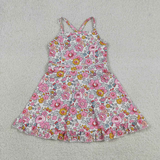 GSD2278 Pink Flowers Baby Girls Strap Backless Ruffle Active Dress