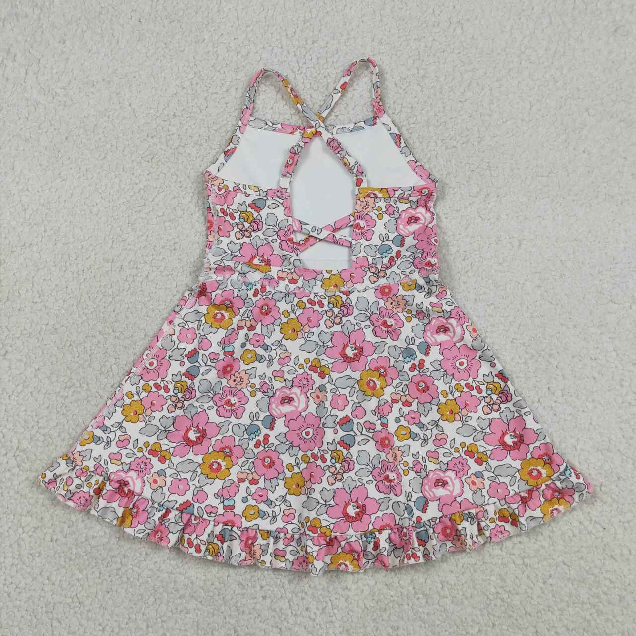 GSD2278 Pink Flowers Baby Girls Strap Backless Ruffle Active Dress