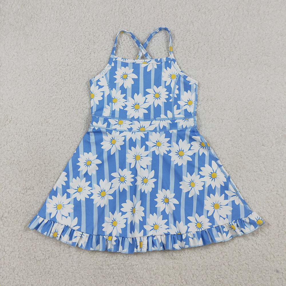 GSD2283  Flowers Blue Stripes Print Girls Summer Strap Shorts Ruffle Knee Length Yoga Dress