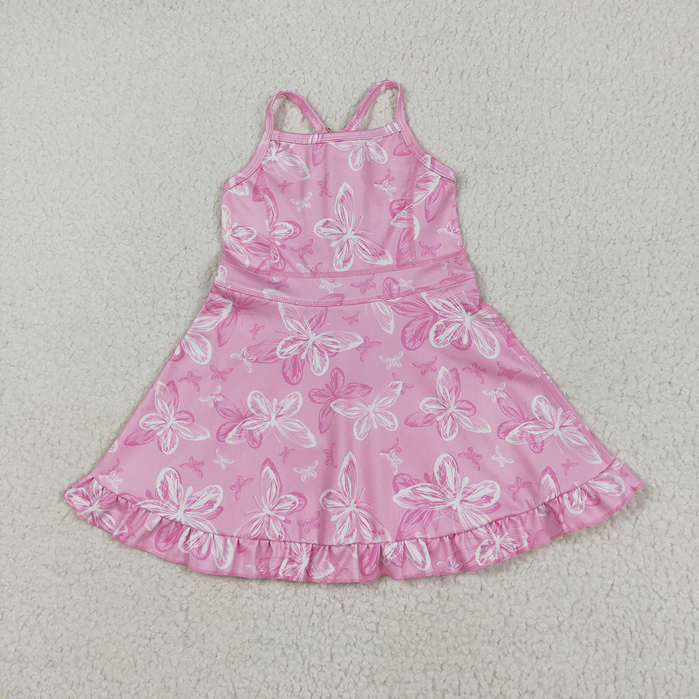 GSD2292 Butterfly Pink Print Girls Summer Strap Shorts Ruffle Knee Length Yoga Dress