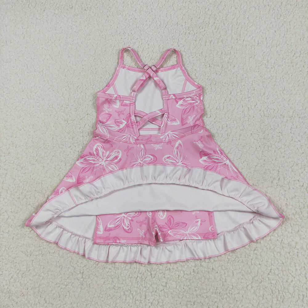GSD2292 Butterfly Pink Print Girls Summer Strap Shorts Ruffle Knee Length Yoga Dress