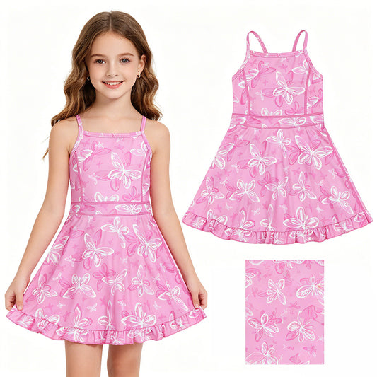 GSD2292 Butterfly Pink Print Girls Summer Strap Shorts Ruffle Knee Length Yoga Dress