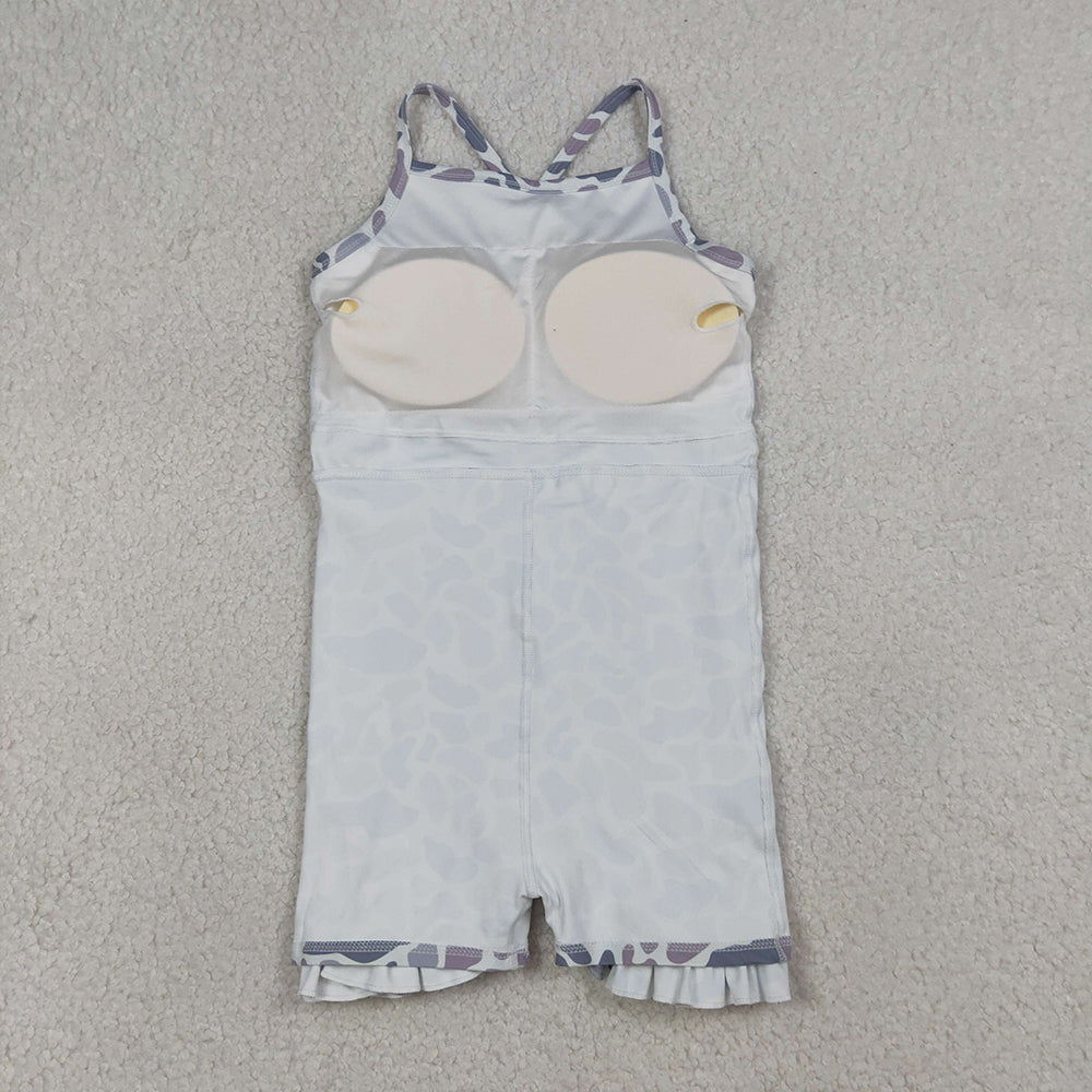 GSD2308 Grey Camo Print Girls Summer Strap Shorts Ruffle Knee Length Yoga Dress